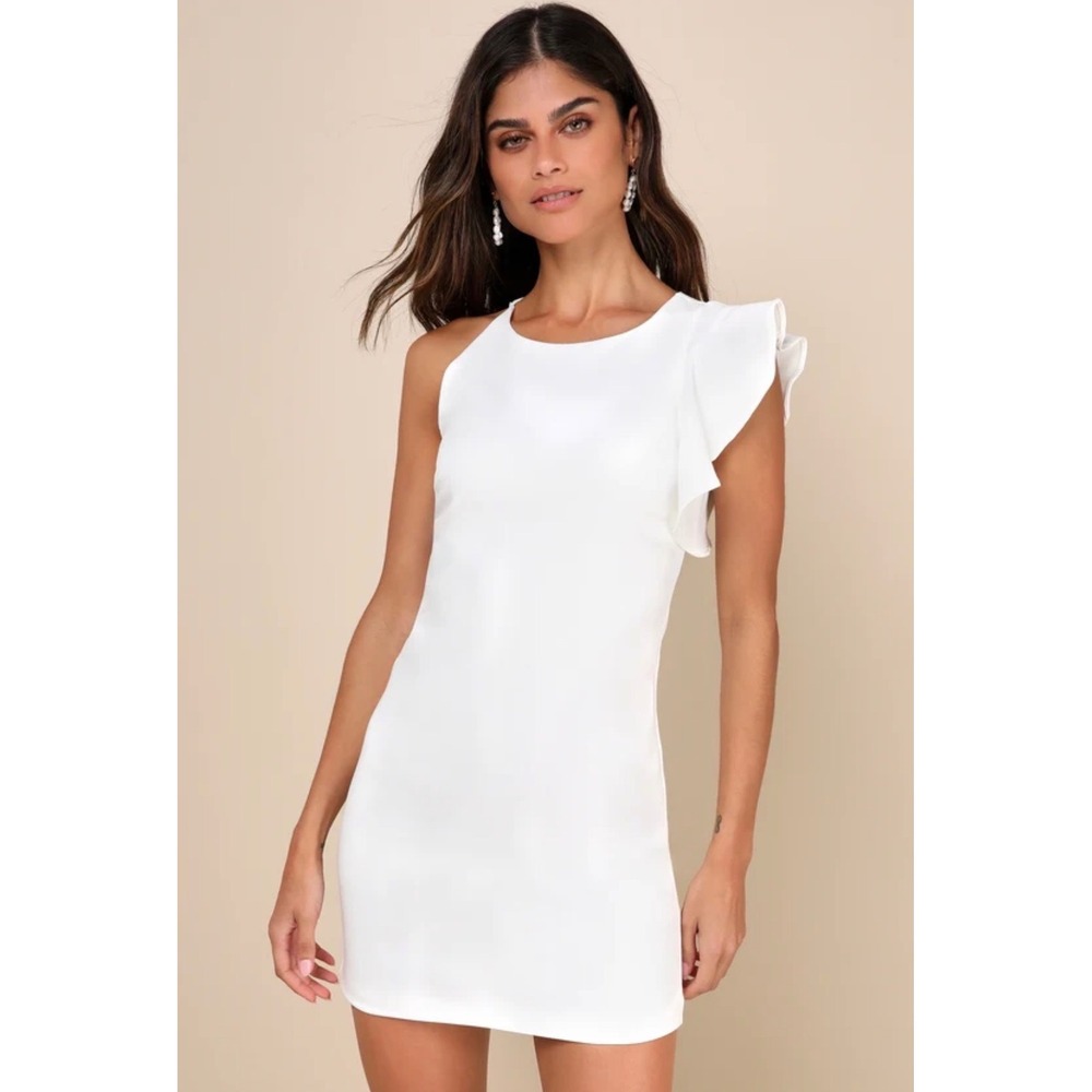 Lulus White Asymmetrical Ruffle Sleeve Shift Mini Dress XL Bridal Graduation